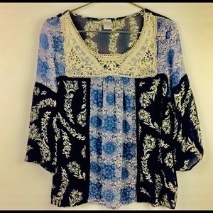 Bila Peasant Shirt Lace Floral Foley Sheer